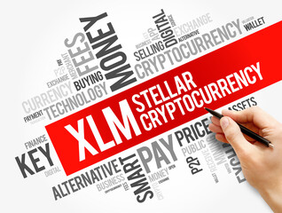 XLM or Stellar cryptocurrency coin word cloud collage, business concept background