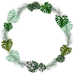 Exotic round frame made of tropical plants, green leaves and lilac flowers