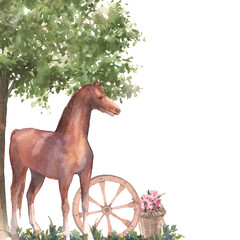 Watercolor farm horse illustration. Rustic painting of horse, wheel, tree isolated on white background