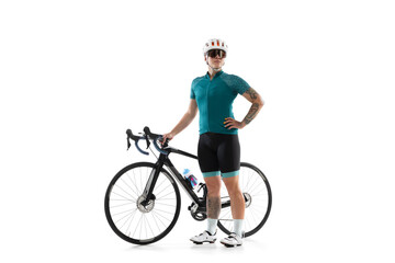 Young professional female bike rider on road bike isolated over white background.