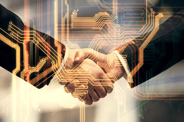 Double exposure of tech hologram and handshake of two men. Deal concept.