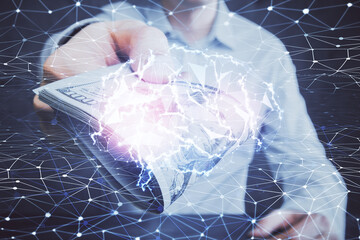 Multi exposure of brain drawing hologram and us dollars bills and man hands. Ai invest concept