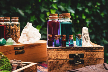 Magic potions on a wooden box