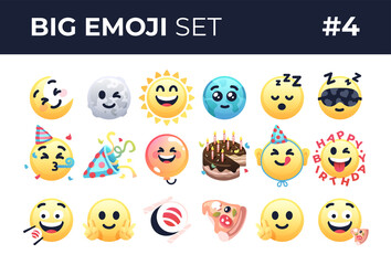 Fototapeta premium Emoji smiles emoticons set isolated. Yellow faces with different funny emotions. Simple modern design icons. Chat elements. UI, UX for mobile app, social media or web. Flat style vector illustration.