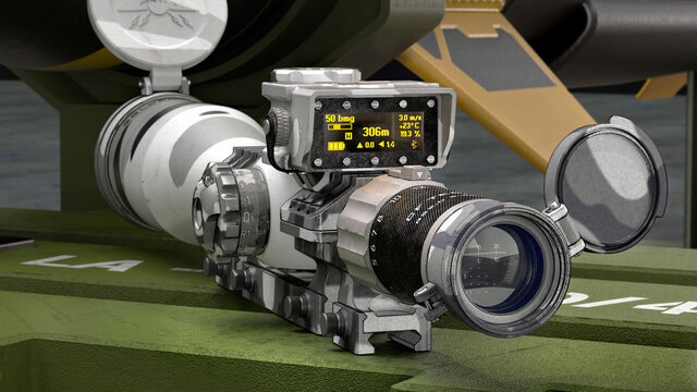 3D render of an optical sight with a ballistic computer for long-range shooting