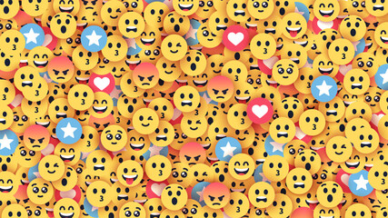 Emoji smiles emoticons background. Yellow faces with different funny emotions. Simple modern design icons. Chat elements. UI, UX for mobile app, social media or web. Flat style vector illustration.