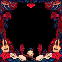 Puerto Rican inspired jungle border with animals and instruments.