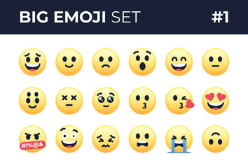 Obraz premium Emoji smiles emoticons set isolated. Yellow faces with different funny emotions. Simple modern design icons. Chat elements. UI, UX for mobile app, social media or web. Flat style vector illustration.