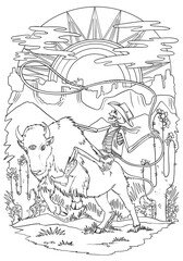 Western psychedelic style colouring page black and white.
