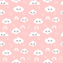 Cloudy sky with several kawaii face clouds - funny hand drawn doodle, seamless pattern. Lettering poster or t-shirt textile graphic design. Wallpaper, wrapping paper, pink background.
