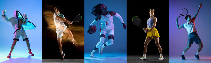 Collage of different professional sportsmen, fit people in action on color neon background. Flyer.