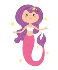 Cute mermaid in cartoon style. Children's illustration, print for clothes, sticker, poster. Vector.