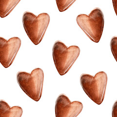 Chocolate heart watercolor seamless pattern. Template for decorating designs and illustrations.