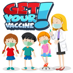 Get Your Vaccine font banner with kids and doctors cartoon character