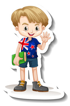 A sticker template with a boy wearing American flag t-shirt cartoon character