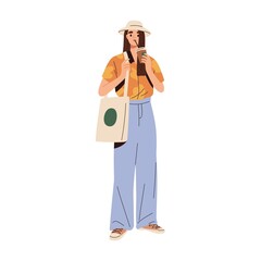 Modern woman in casual summer clothes. Stylish female wearing trendy fashion apparel and tote bag. Model in loose flared pants, sneakers and hat. Flat vector illustration isolated on white background