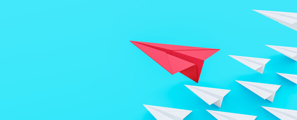 3d rendering white paper planes and red sticks out.leadership concept