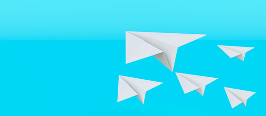 3d rendering white paper planes on blue background.leadership concept