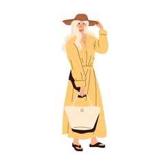 Modern woman wearing fashion summer clothes and bag. Blonde female in stylish maxi dress, flip flops and straw hat. Trendy casual look. Colored flat vector illustration isolated on white background