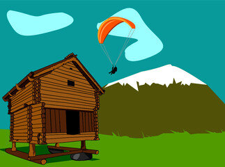 Cabane en bois et parapente en montagne, refuge, niche, poulailler
