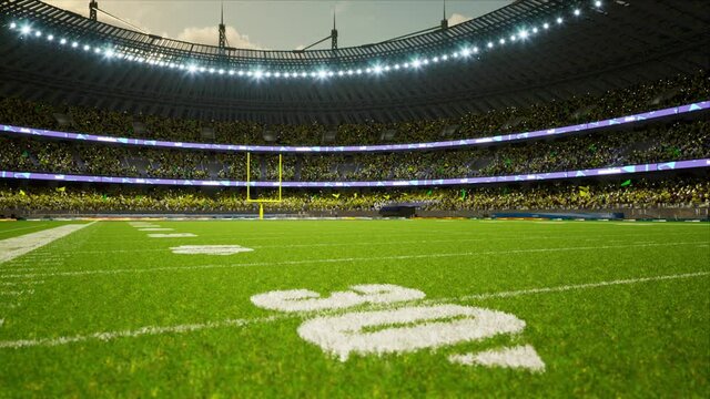 American football stadium with fans cloudy evening crowd waiting game clamping and waving flags . High quality 4k footage