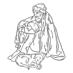 A homeless man, a poor tramp on the street sitting with the dog under the blanket. Vector linear illustration in Doodle sketch style.