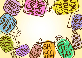 Asian skin care products such as - Facial Oil, Cleansing Foam, Exfoliant, Toner, Essence, Sheet Mask, Serum, Moisturizer, Eye Cream, Night Cream, Night Cream, SPF Cream. Frame, template.