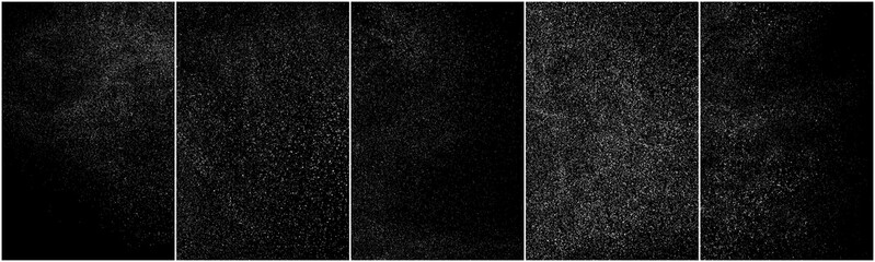 Set of distressed white grainy texture. Dust overlay textured. Grain noise particles. Snow effects pack. Rusted black background. Vector illustration, EPS 10.   