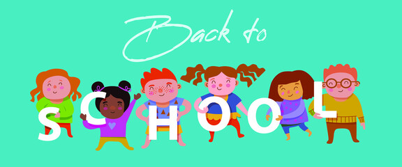 cute multinational children, holding different letters - an inscription - back to school.