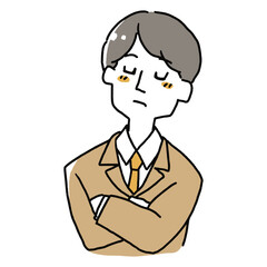 腕組みをして考え事をしているスーツの男性