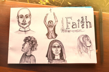 Pencil sketches of people of church: monks, priests, nuns, praying people. Enjoy summer holidays...