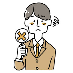 バツの札を持っているスーツの男性