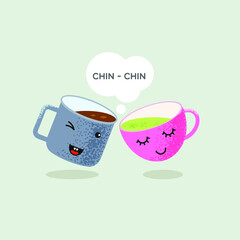 cute cups with coffee and matcha tea, inscription-chin-chin