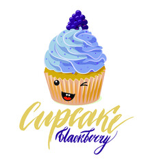 Drawing cute cupcake with blue cream and blackberry