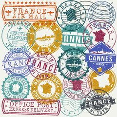 Cannes France Set of Stamps. Travel Stamp. Made In Product. Design Seals Old Style Insignia.