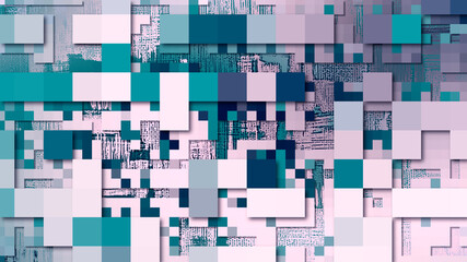 Abstract 3d pixel art technology  pattern background. Random colorful mosaic, green industrial decor