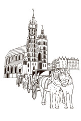 vector sketch of St. Mary's Church and the Main Market Square in the Old Town district of Krakow. Poland. - 442695098