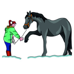 Colored vector illustration - girl and horse  winter time
