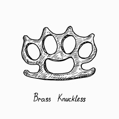 Brass Knuckless, woodcut style ink drawing illustration with inscription