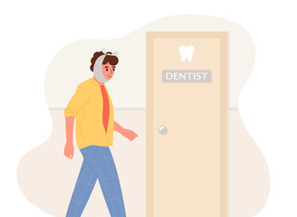 A young man with a toothache goes to the dentist's office. Flat vector isolated illustration