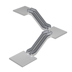 three podiums with escalators at different levels