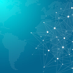 Global network connections with world map. Internet connection background. Abstract connection structure. Polygonal space background, illustration.