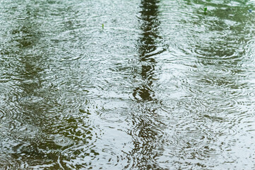 Raindrops falling on water. Rain Drops On water surface. Abstract texture pattern. Rainy Season Nature Background. Copy space for text. Color Image.