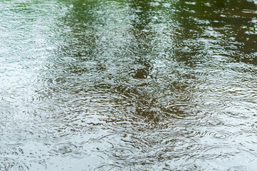 Raindrops falling on water. Rain Drops On water surface. Abstract texture pattern. Rainy Season Nature Background. Copy space for text. Color Image.
