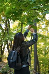 Dark-haired girl in the park picks the leaves. Young woman walking in the spring forest. Back view. Vertical frame