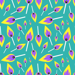 Seamless pattern of burning matches on a turquoise background. Flat colorful vector illustration. Cartoon illustration. A design element that is perfect for a store, wallpaper, textiles, postcard, pri