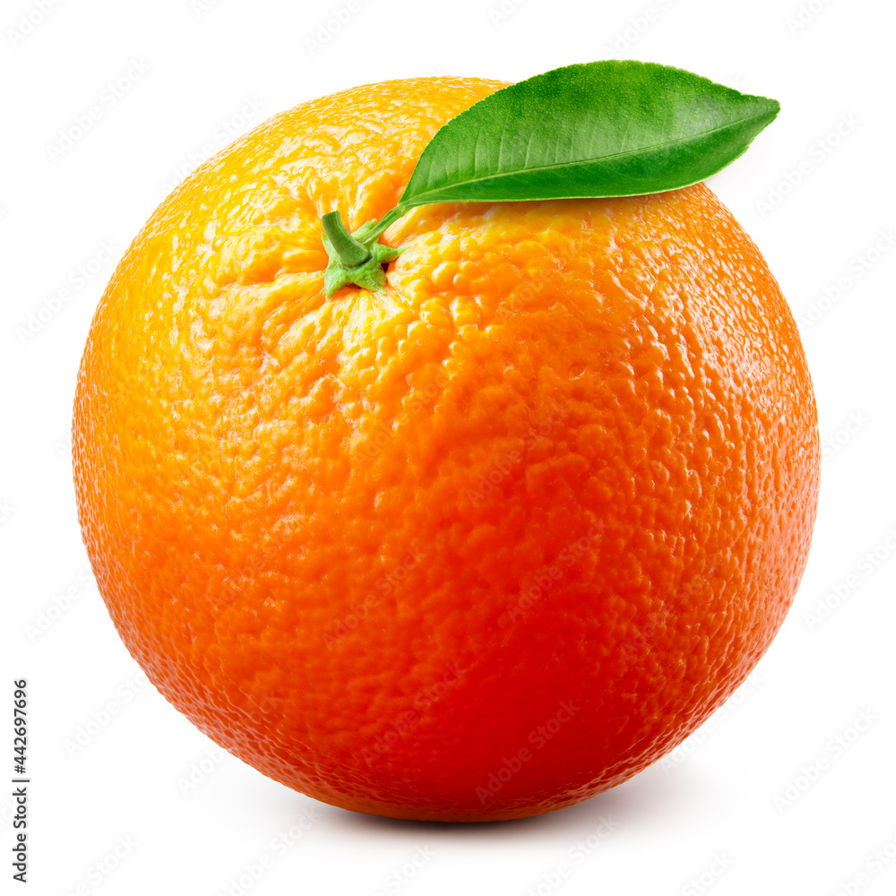 Wall mural Orange fruit isolate. Orange citrus on white background. Whole fruit with leaves. Clipping path. Full depth of field.