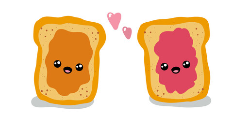 Jelly and peanut butter toast vector illustration in cute doodle style with antropomorphic faces.