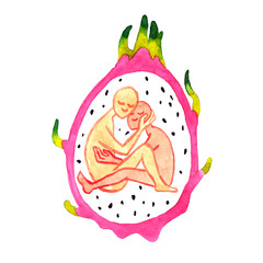 Lovers in dragon fruit  or pitahaya. Couple in love. Hand drawn creative illustration on white background.  