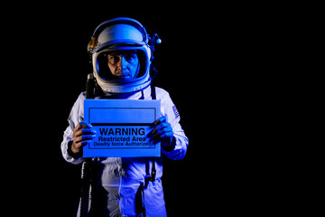 Serious astronaut in spacesuit showing placard with warning text